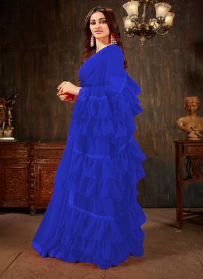 Blue plain georgette ruffle saree with blouse 2