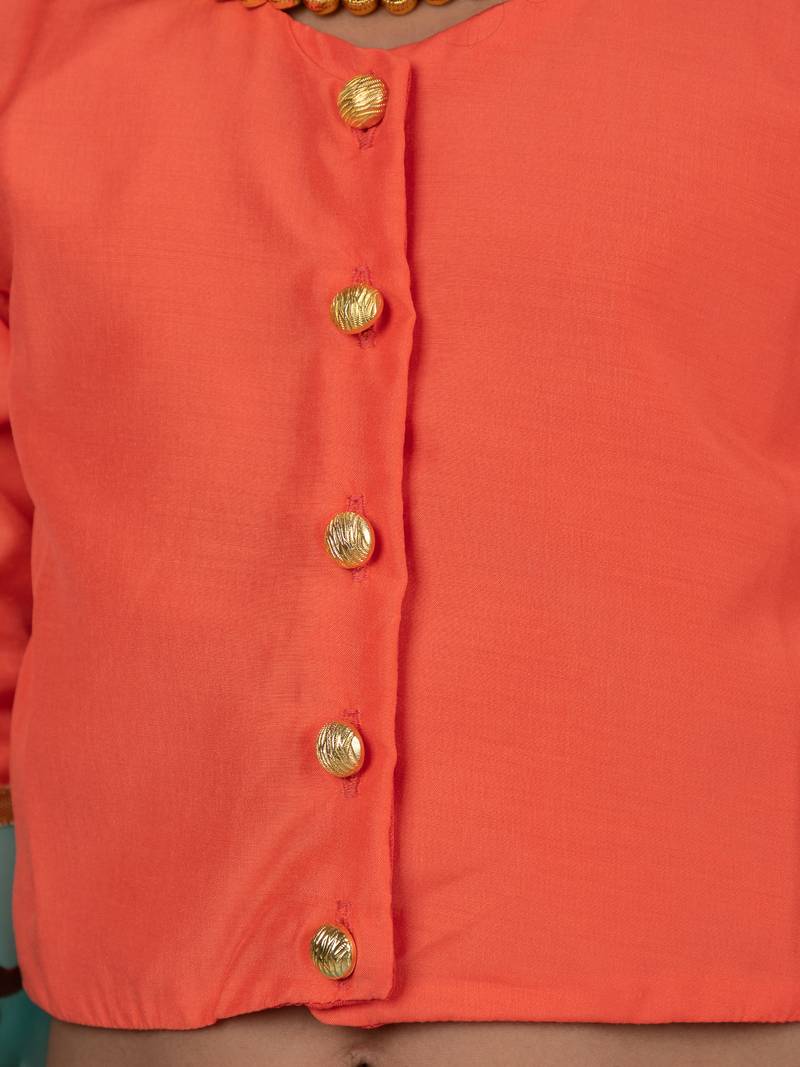 Orange & Green Organza Lehenga And Buttoned Top Set