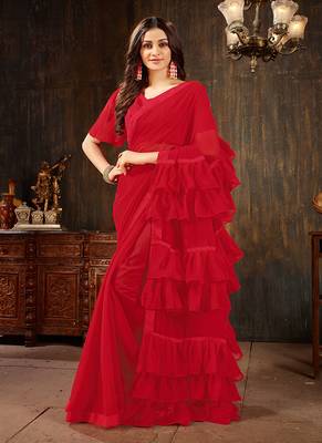 Red plain georgette ruffle saree with blouse 1