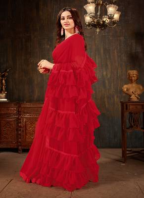 Red plain georgette ruffle saree with blouse 2