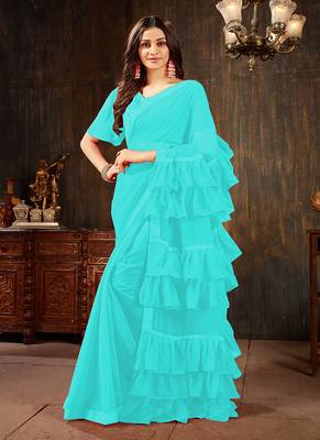 Sky blue plain georgette ruffle saree with blouse 1