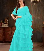 Sky blue plain georgette ruffle saree with blouse