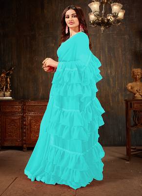 Sky blue plain georgette ruffle saree with blouse 2