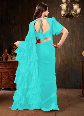Sky blue plain georgette ruffle saree with blouse 3