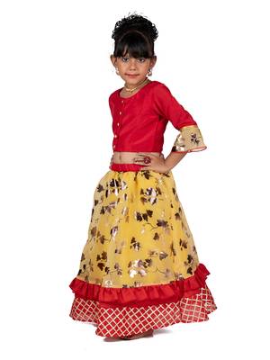 Red & Yellow Organza Lehenga And Buttoned Top Set 1