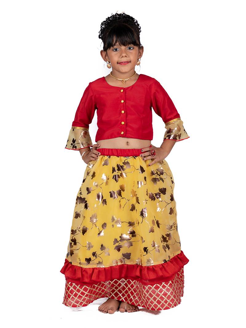 Red & Yellow Organza Lehenga And Buttoned Top Set