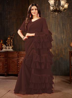 Brown plain georgette ruffle saree with blouse 1
