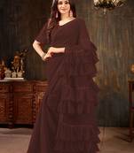 Brown plain georgette ruffle saree with blouse