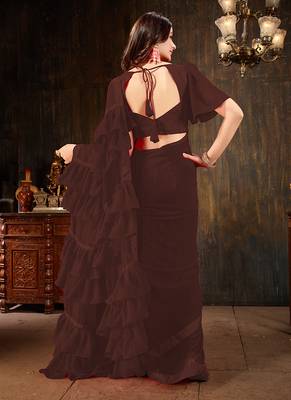 Brown plain georgette ruffle saree with blouse 3
