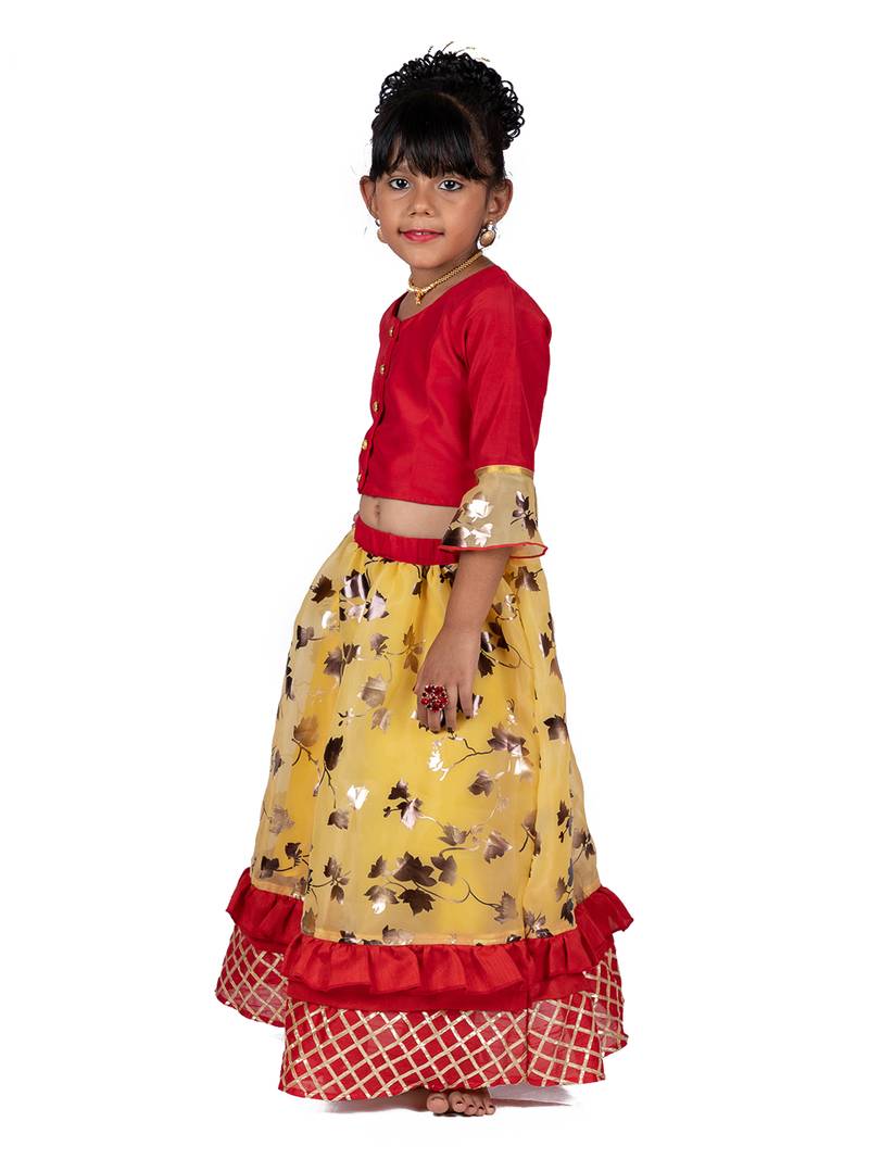 Red & Yellow Organza Lehenga And Buttoned Top Set