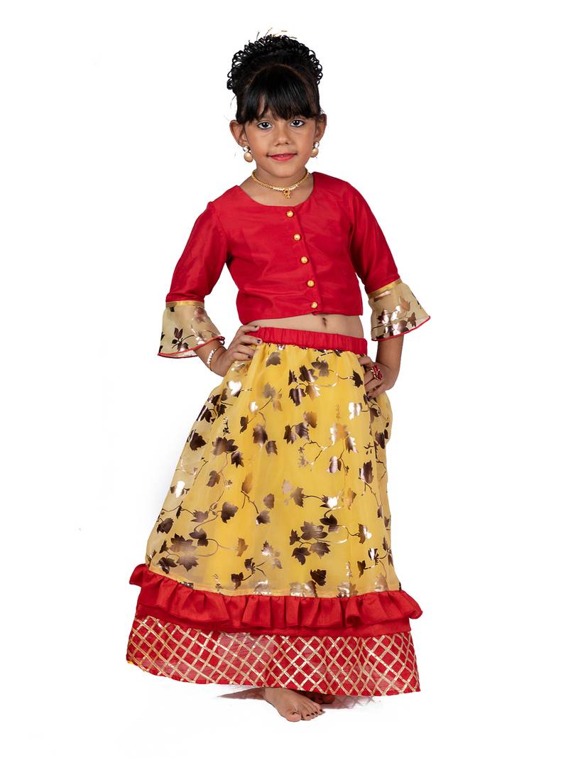 Red & Yellow Organza Lehenga And Buttoned Top Set