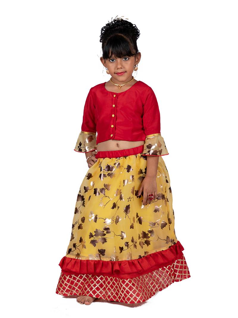 Red & Yellow Organza Lehenga And Buttoned Top Set