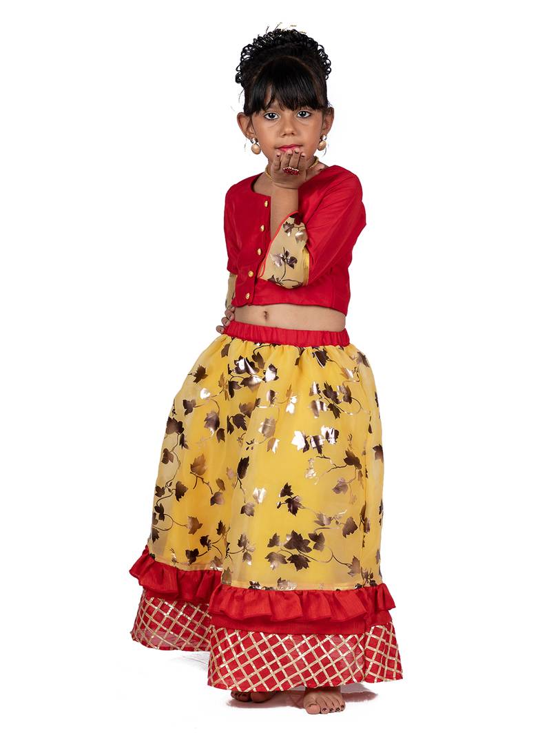 Red & Yellow Organza Lehenga And Buttoned Top Set