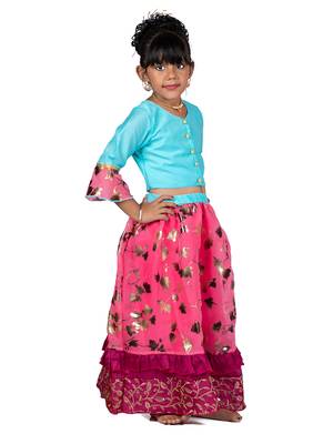 Blue & Pink Organza Lehenga And Buttoned Top Set 1