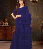   dark blue plain georgette ruffle saree with blouse
