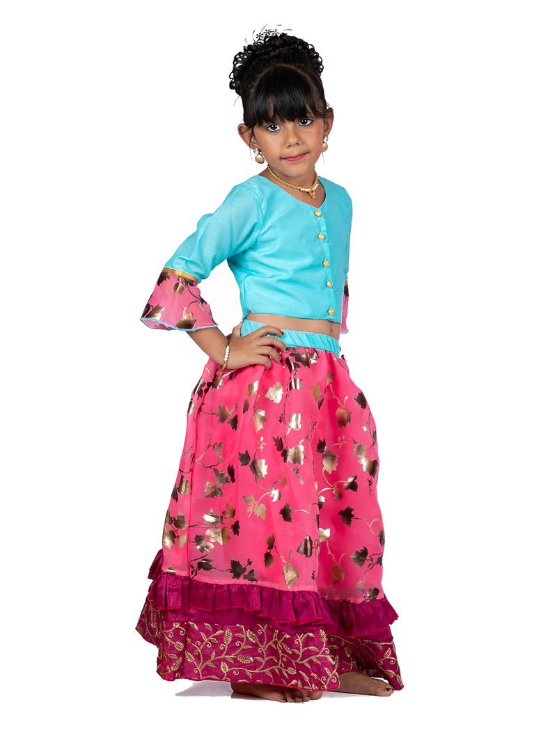 Blue & Pink Organza Lehenga And Buttoned Top Set