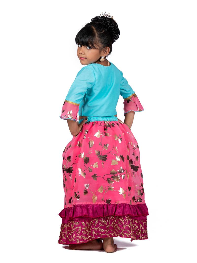 Blue & Pink Organza Lehenga And Buttoned Top Set