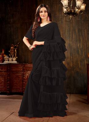 Black plain georgette ruffle saree with blouse 1