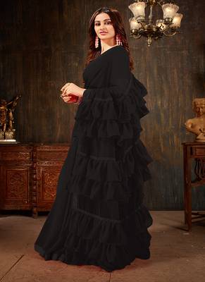 Black plain georgette ruffle saree with blouse 2
