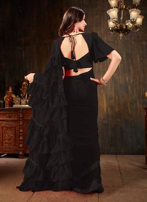 Black plain georgette ruffle saree with blouse 3