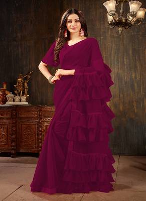   dark magenta plain georgette ruffle saree with blouse 1