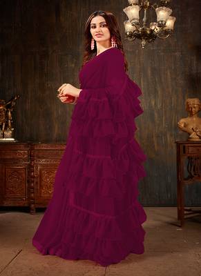   dark magenta plain georgette ruffle saree with blouse 2