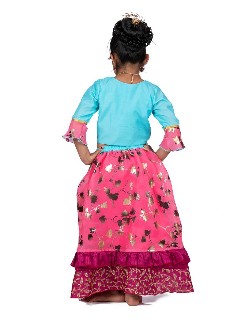 Blue & Pink Organza Lehenga And Buttoned Top Set