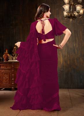   dark magenta plain georgette ruffle saree with blouse 3