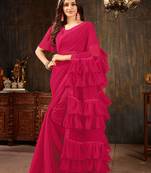   rani pink plain georgette ruffle saree with blouse