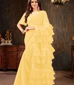 Yellow plain georgette ruffle saree with blouse