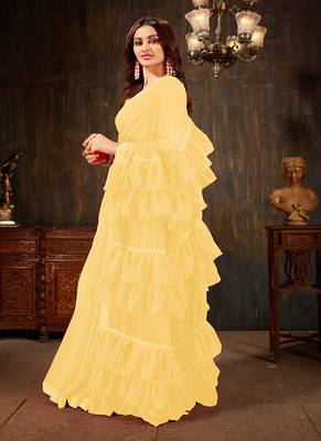Yellow plain georgette ruffle saree with blouse 2