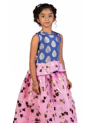 Blue & Pink Organza Lehenga And Buttoned Top Set 1