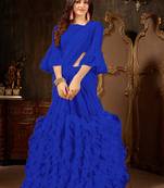 Blue plain georgette ruffle saree with blouse