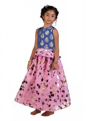 Blue & Pink Organza Lehenga And Buttoned Top Set 2