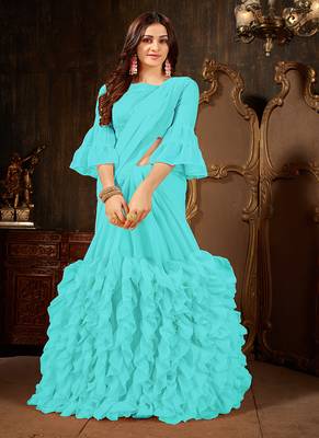   sky blue plain georgette ruffle saree with blouse 1