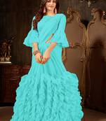   sky blue plain georgette ruffle saree with blouse