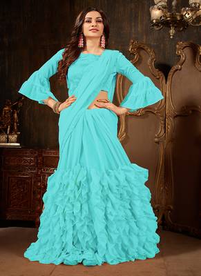   sky blue plain georgette ruffle saree with blouse 2
