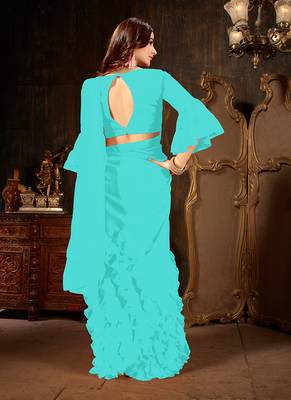   sky blue plain georgette ruffle saree with blouse 3