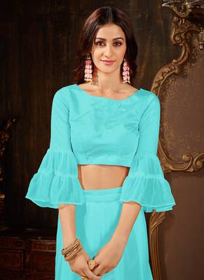   sky blue plain georgette ruffle saree with blouse 4