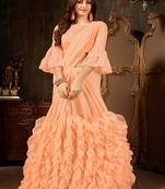 Peach plain georgette ruffle saree with blouse