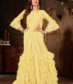 Yellow plain georgette ruffle saree with blouse