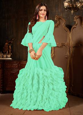   sea green plain georgette ruffle saree with blouse 1