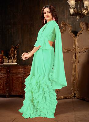   sea green plain georgette ruffle saree with blouse 2