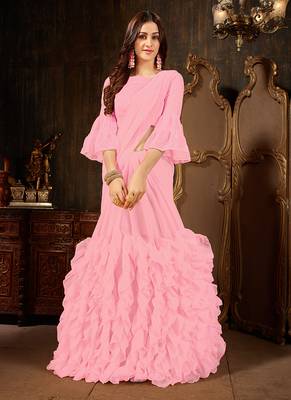Pink plain georgette ruffle saree with blouse 1