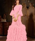 Pink plain georgette ruffle saree with blouse