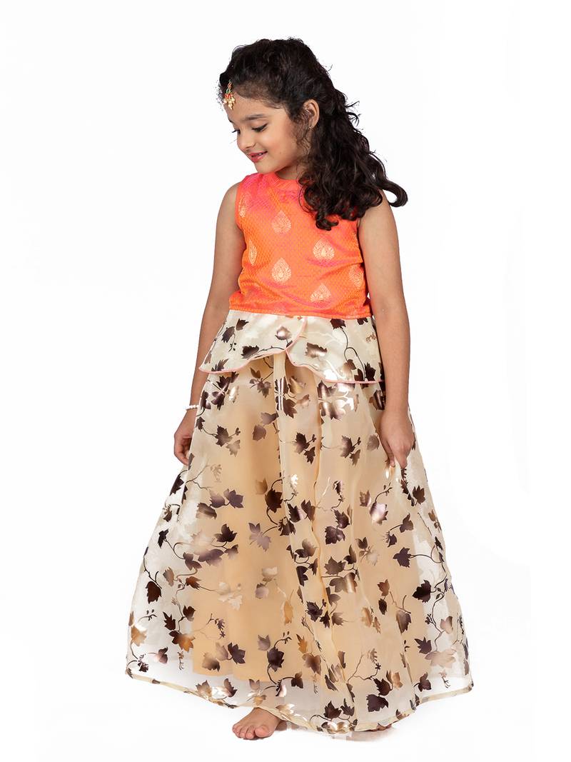 Orange & Yellow Organza Lehenga And Buttoned Top Set
