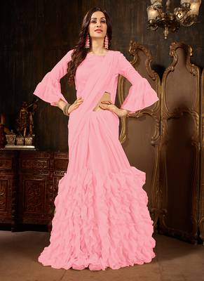 Pink plain georgette ruffle saree with blouse 2