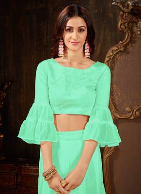   sea green plain georgette ruffle saree with blouse 4