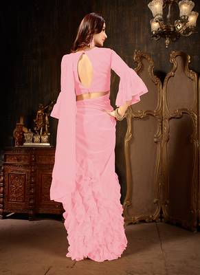 Pink plain georgette ruffle saree with blouse 3