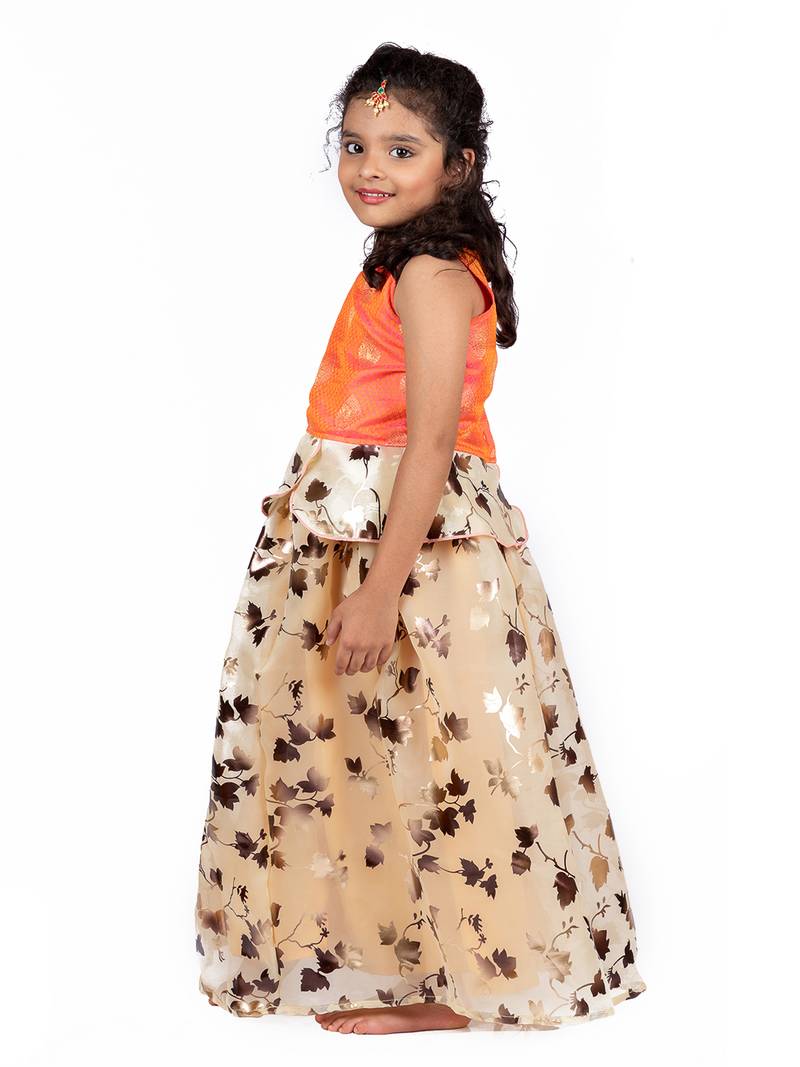 Orange & Yellow Organza Lehenga And Buttoned Top Set